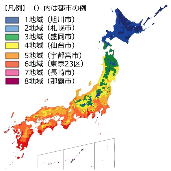 令和3年4月1日改定の新しい地域区分で区分けされた日本地図